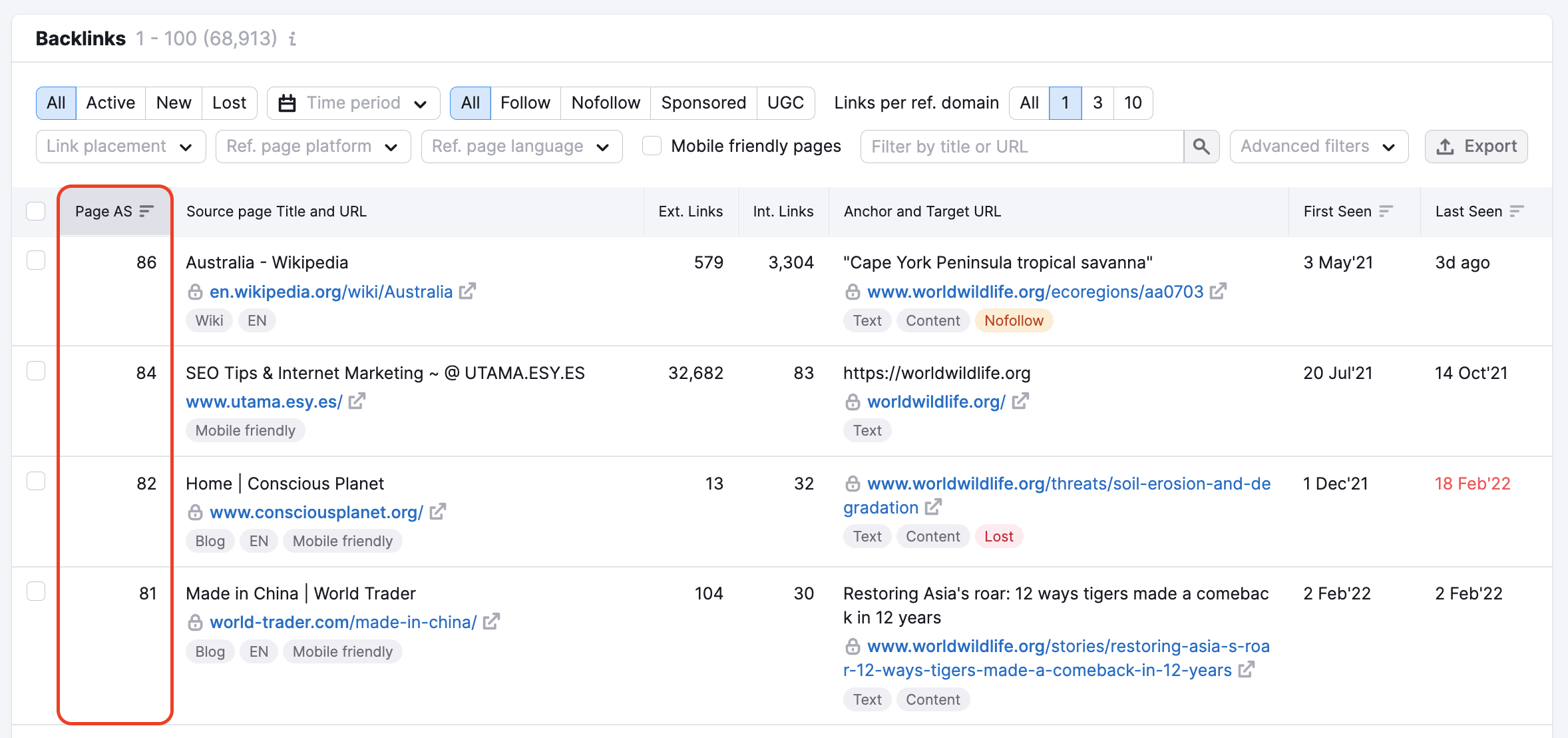 Backlink Analytics page authority score order